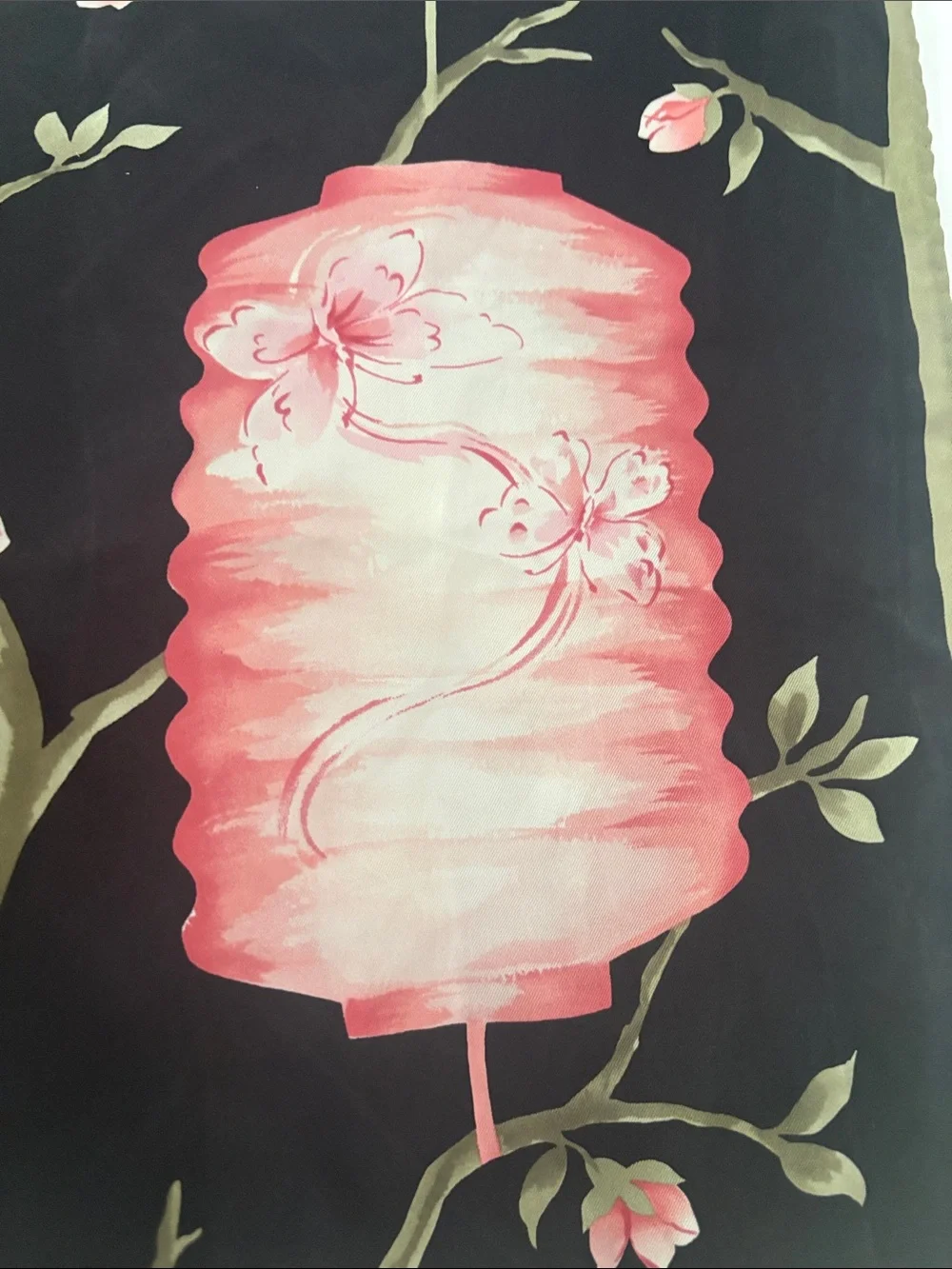 Talbots Black Floral Lantern Print Silk Scarf with Pink and Green Accents